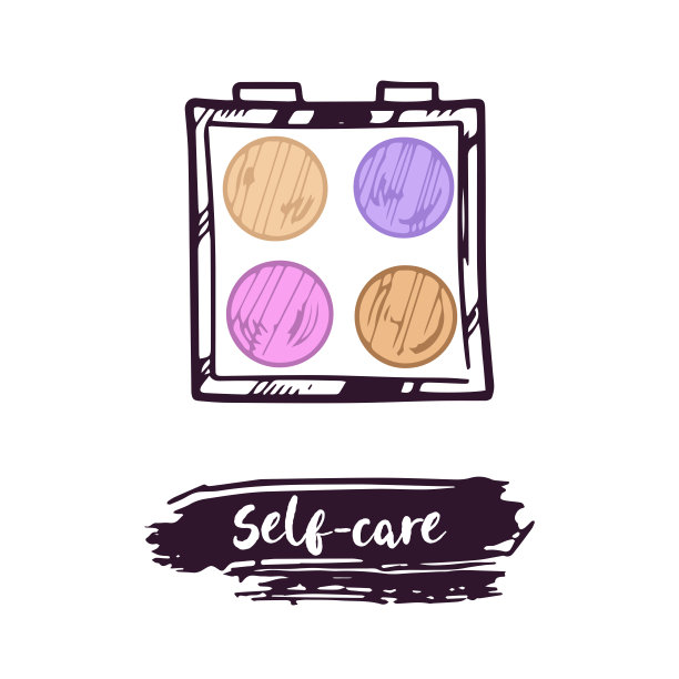 手绘眼影盘，美妆元素，自我护理。为美容院、化妆品店、彩妆设计插画。涂鸦素描风格。图片下载