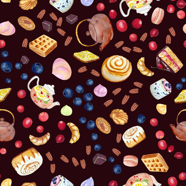 水彩茶壶和甜点无缝图案巧克力背景图片下载