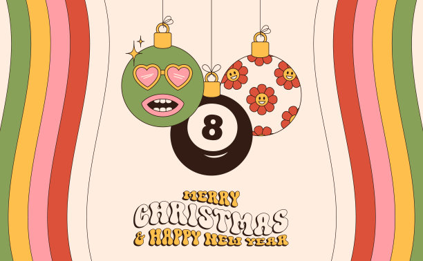 台球主题圣诞新年问候运动贺卡。悬挂的台球作为充满活力的圣诞球。矢量素材。图片下载