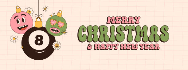 台球主题圣诞新年问候运动贺卡。悬挂的台球作为充满活力的圣诞球。矢量素材。图片下载