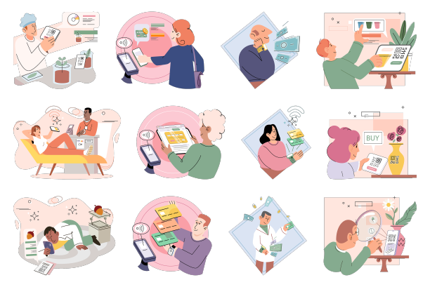 人们使用移动无现金支付系统或扫描图片下载