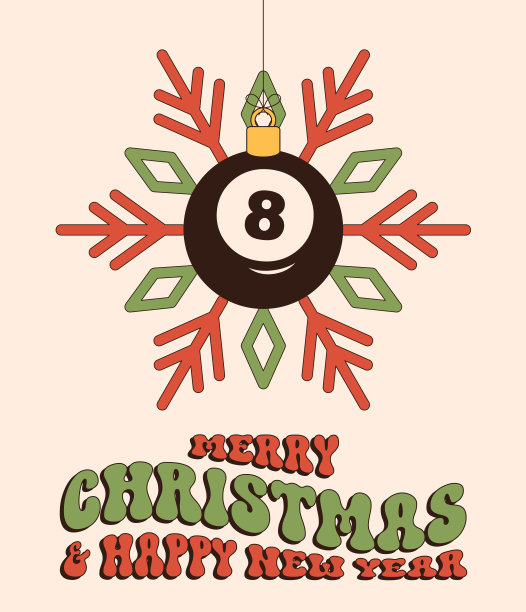 台球主题圣诞新年问候运动贺卡。悬挂的台球作为充满活力的圣诞球。矢量素材。图片下载