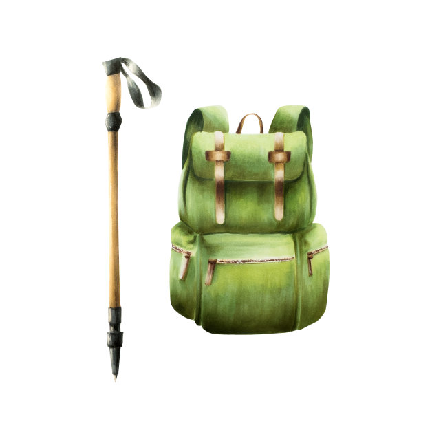 标记徒步旅行和露营背包与滑雪和徒步杆子插图水彩风格。休闲旅游和探险用的登山设备，隔离在白色背景上。剪贴艺术的设计师，旅游业务，明信片，剪贴簿，封面图片下载