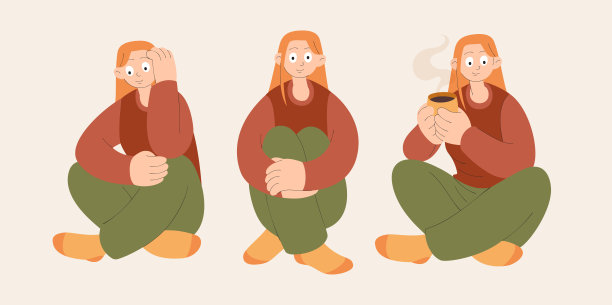 一组年轻女子以不同的姿势坐在地板上。人们坐姿的插图。图片下载