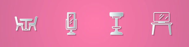 集剪纸桌子与椅子，大全长镜子，椅子和电视桌站图标。纸艺风格。向量图片下载