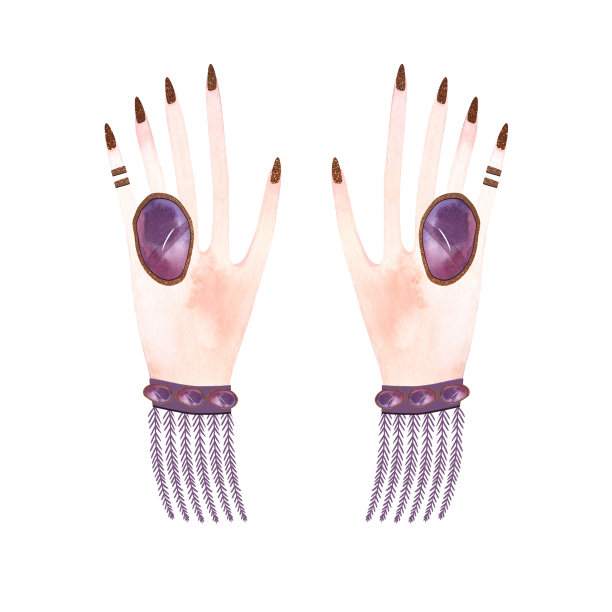 女性的手与金色指甲，戒指和手镯与紫罗兰水晶。手指和手掌皮肤自然苍白。剪纸艺术。孤立的水彩插图在白色的背景。图片下载