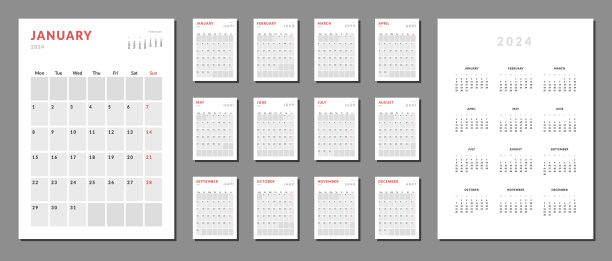 一套2024年日历规划师模板与照片和公司标志的地方，并在2024年的年历。矢量布局的墙或书桌简单的日历与周开始星期一。印刷台历网格图片下载