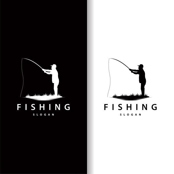 垂钓者钓鱼符号，简单的户外钓鱼男子轮廓模板设计图片下载