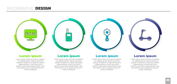 设有语音泡泡妈妈，婴儿监视器对讲机，摇铃婴儿玩具和滑板车。业务信息图表模板。向量图片下载