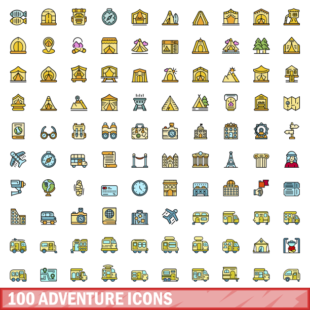 100个冒险图标设置颜色线风格图片下载