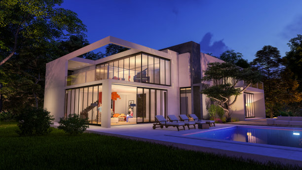 美丽时尚的现代房子，晚上有游泳池和花园图片下载