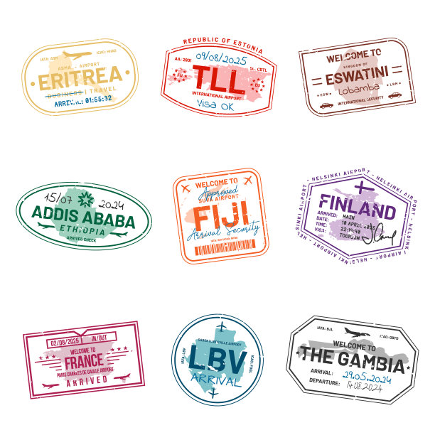 一套护照旅行签证邮票。摘要国际移民局邮票。入境和出境签证盖章到国家图片下载
