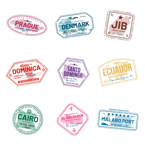 一套护照旅行签证邮票。摘要国际移民局邮票。入境和出境签证盖章到国家图片下载