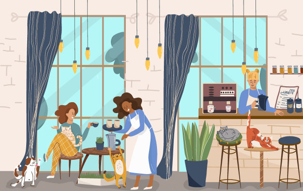 矢量插图，卡通猫咖啡馆的人物，动物友好的猫，小企业图形，客户和咖啡师。现代平面向量。图片下载