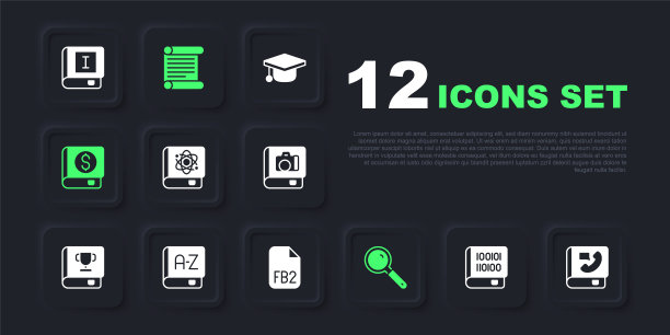 设置书籍关于编程，电话簿，物理，放大镜，金融，翻译，法令，羊皮纸，卷轴和FB2文件图标。向量图片下载