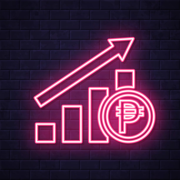 比索汇率上升图表。在砖墙背景上发光的霓虹灯图标图片下载