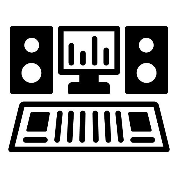 录音室控制台与监视器和扬声器固体图标，音乐概念，白色背景上的声音矢量标志，字形风格图标移动概念网页设计。矢量图形。图片下载