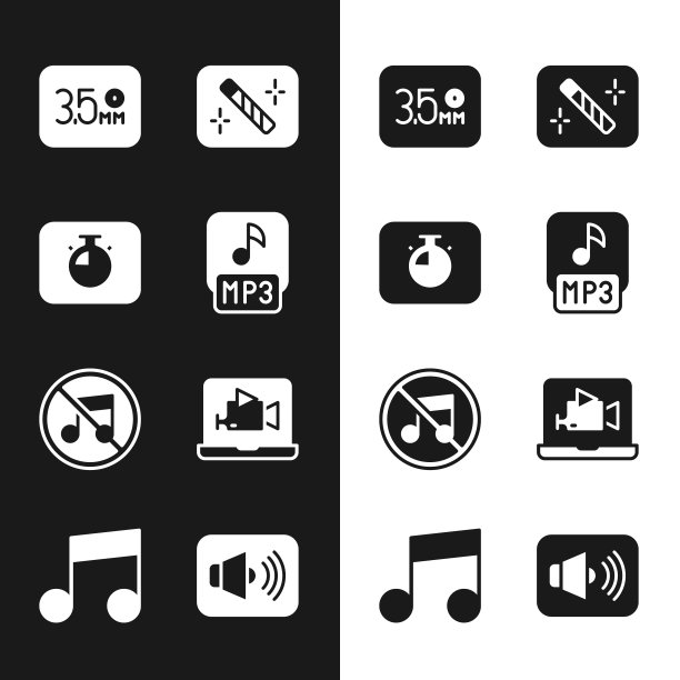 设置MP3文件，秒表，音频插孔，照片修饰，扬声器静音，在线播放视频，音量和音乐笔记，音调图标。向量图片下载
