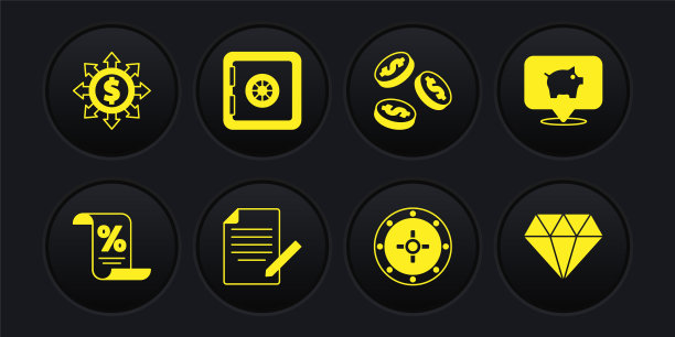 集财务文件，储蓄罐，文件和笔，保险箱，硬币钱与美元，钻石和美元，分享，网络图标。向量图片下载