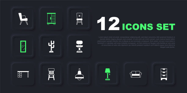 集沙发，衣柜抽屉，大衣架，落地灯，大全长镜子，椅子，衣柜和灯挂图标。向量图片下载