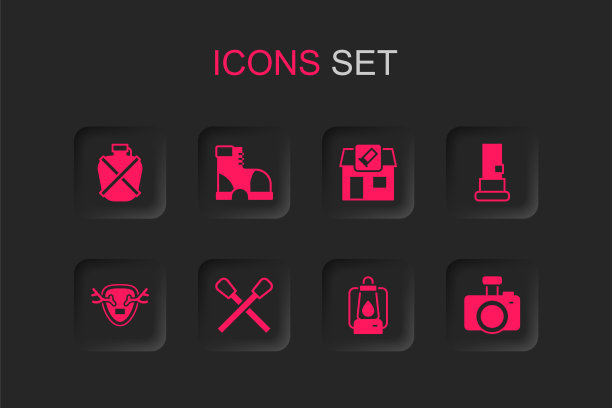 设置燃烧火柴与火，猎人靴子，水壶，野营灯，弹药筒，照相机，狩猎商店和鹿角上的盾牌图标。向量图片下载