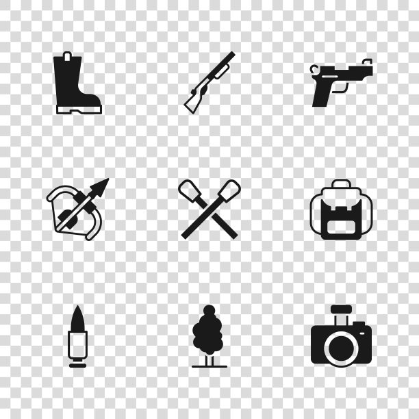 集树，徒步背包，照相机，燃烧火柴与火，手枪或枪，防水橡胶靴，狩猎和中世纪弓箭图标。向量图片下载