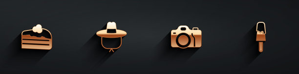 一块蛋糕，野营帽，照相机和长阴影冰淇淋图标。向量图片下载