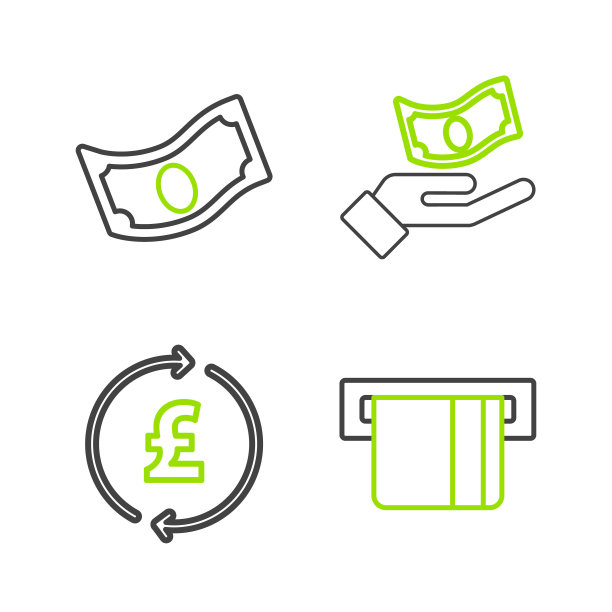 设置线信用卡插入，硬币钱与英镑，手持和堆栈纸现金图标。向量图片下载