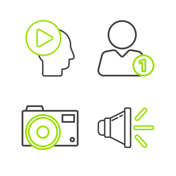 设置线路扬声器音量，照片相机，添加朋友和头部的人与播放按钮图标。向量图片下载