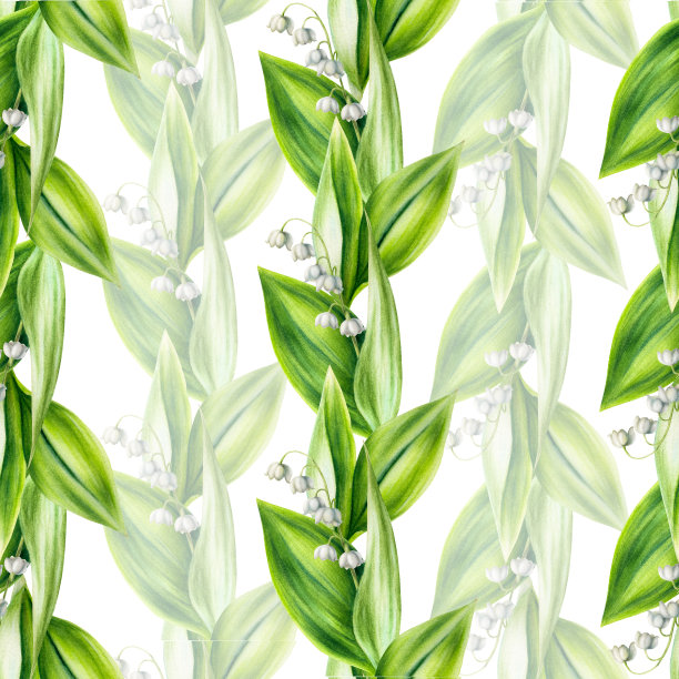 水彩无缝图案与花束的百合的山谷花孤立的背景。春天和复活节手绘插图。适合设计师、婚礼、装饰、明信片、包装纸、剪贴簿、封面、请柬、海报等图片下载