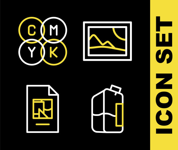 集线条图片风景，打印机墨水瓶，文件文件和CMYK调色图标。向量图片下载