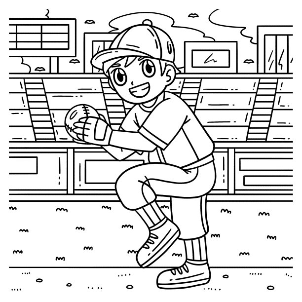 男孩投球棒球儿童着色页图片下载