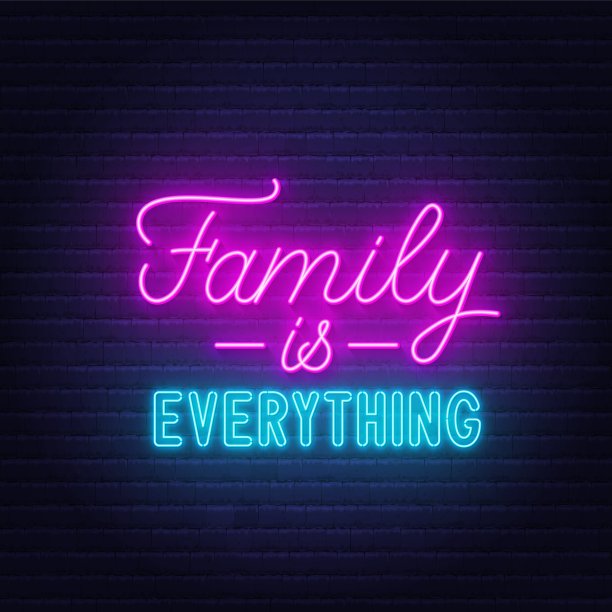 家庭就是一切，砖墙背景上的霓虹字图片下载
