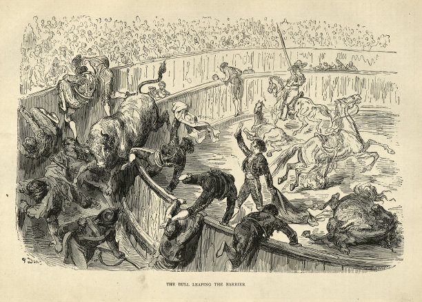 斗牛，公牛在竞技场上跳过障碍，西班牙历史，19世纪。图片下载