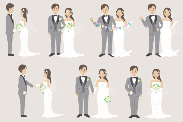 全身插图变异的新娘和新郎穿着婚礼服装图片下载