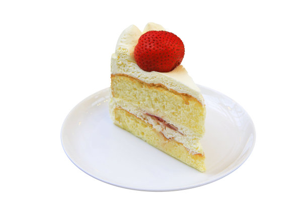 白色盘子上的草莓牛奶蛋糕，白色背景，孤立无援图片下载
