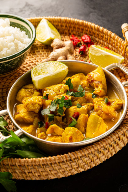鸡肉咖喱酱和米饭在黑色背景，印度食品垂直照片图片下载