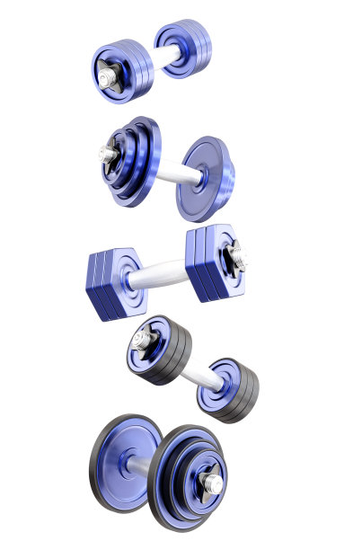 一组飞行的金属哑铃。三维渲染图片下载