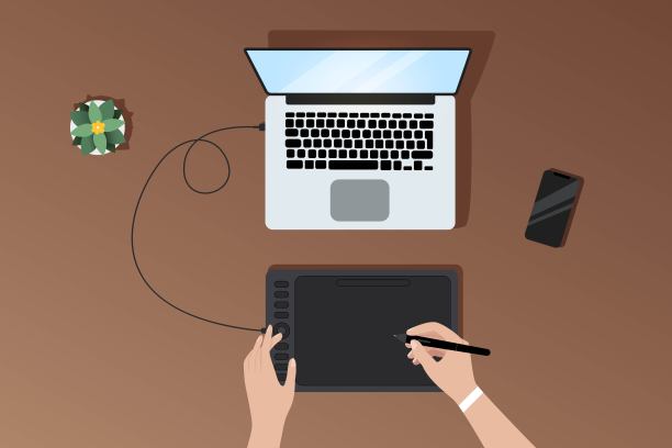 工作场所的设计师工作流程与笔记本电脑和图形平板电脑的工作场所的顶部视图图片下载