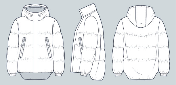 男女通用羽绒服技术时尚插图。连帽羽绒服，大衣时尚平面技术图纸模板，口袋，正面，侧面和背面视图，白色，女，男，男女皆可的外套CAD模型集。图片下载