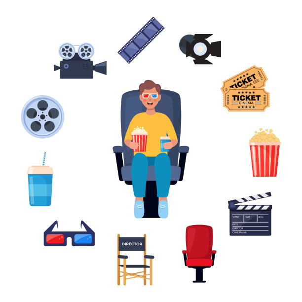 孩子们戴着3d眼镜看电影。孩子们手里拿着汽水和爆米花。周围的电影元素。票，纸板，蒙太奇磁带，摄像机。矢量插图。图片下载