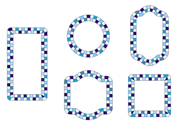 方格框设置。方形，圆形，矩形几何形状的背景。蓝色调调色板，黑色线条轮廓，文字空间，现代图形，复古风格。矢量图图片下载