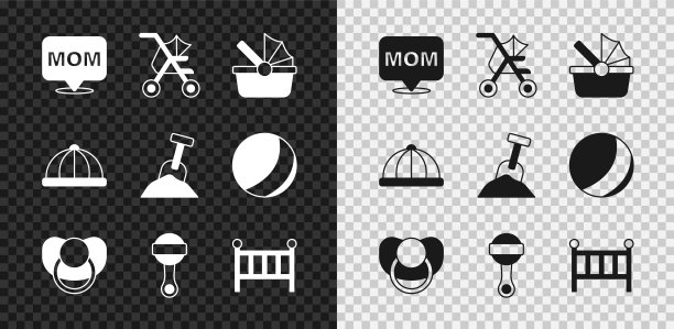 集语音泡沫妈妈，婴儿推车，奶嘴奶嘴，摇铃婴儿玩具，婴儿床摇篮床，帽子和沙盒与沙子和铲子图标。向量图片下载