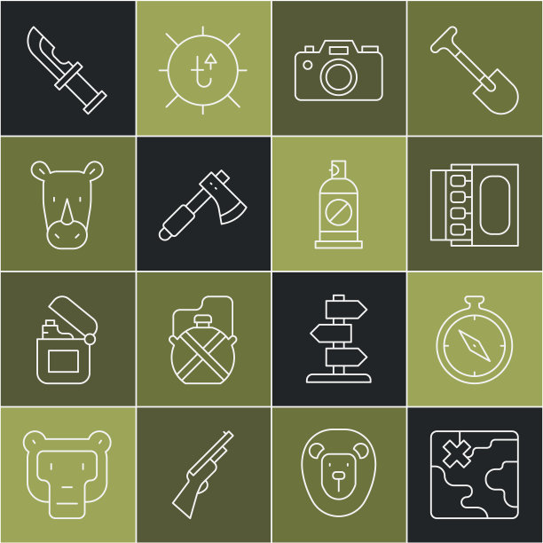 集线非洲狩猎地图，指南针，火柴盒和火柴，照相机，木斧，犀牛，猎人刀和喷雾对昆虫图标。向量图片下载