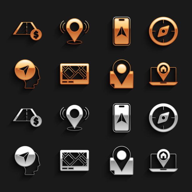 设置Gps设备与地图，指南针，城市导航，折叠位置标记，地图人，收费公路交通和针图标。向量图片下载