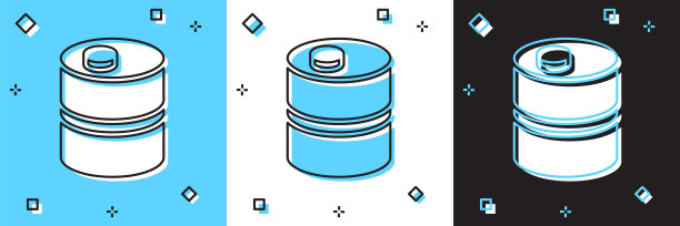 集金属啤酒桶图标孤立的蓝色和白色，黑色的背景。向量图片下载