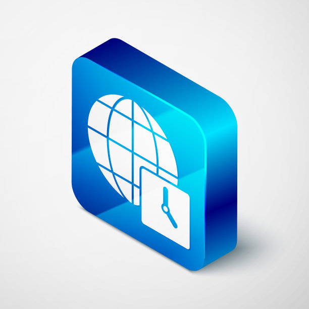 等距世界时间图标孤立的灰色背景。时钟和地球仪。蓝色方形按钮。向量图片下载