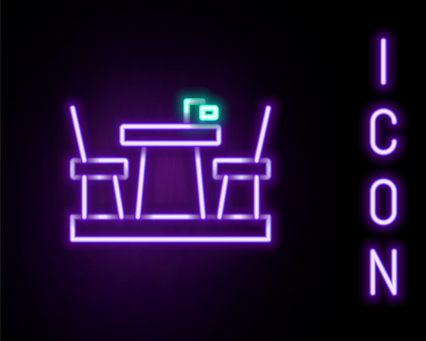 发光的霓虹灯线法国咖啡馆图标孤立的黑色背景。街头咖啡馆。桌子和椅子。色彩缤纷的轮廓概念。向量图片下载