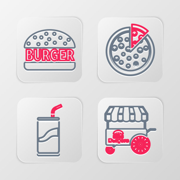 设置线快餐车，汽水罐与吸管，比萨和汉堡的标志。向量图片下载