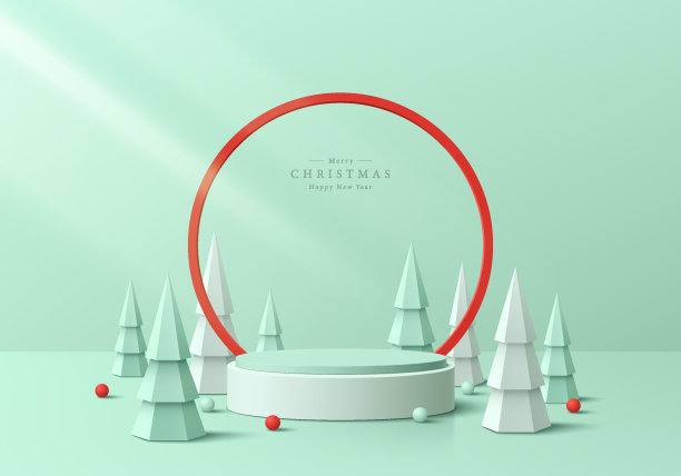 3D圣诞讲台背景。绿色圆柱裙台配圆形红框背景，圣诞树场景。平台模型产品展示演示。抽象构图最少。舞台展示图片下载